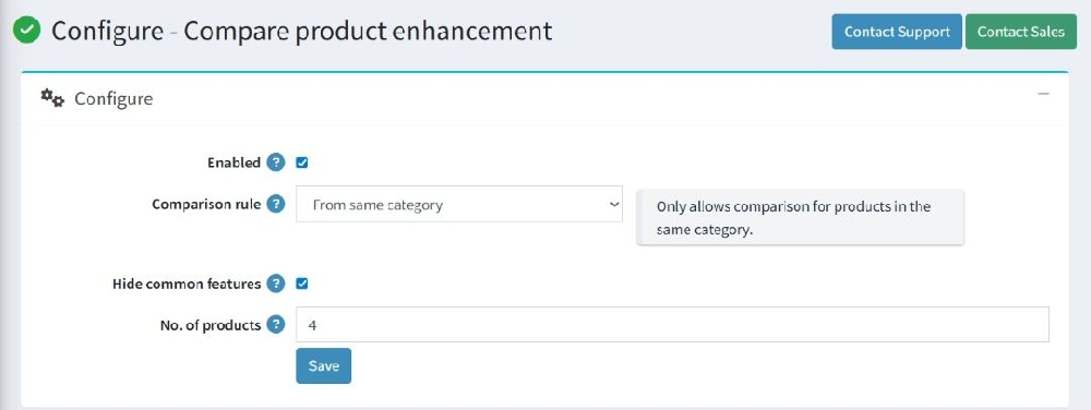 compare product enhancement configure page